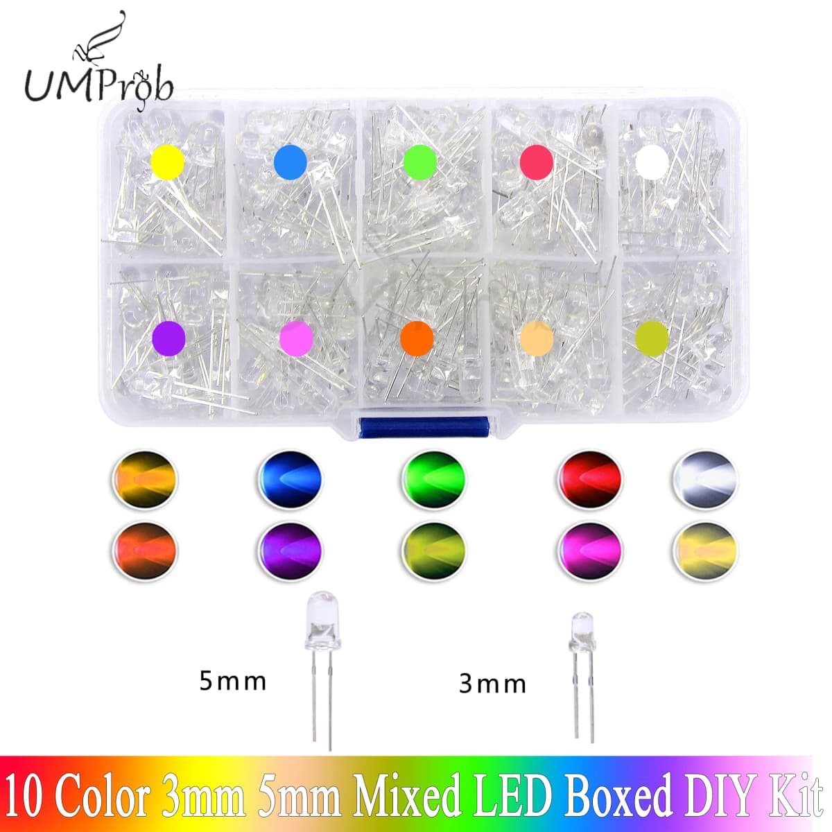 3mm 5mm LED Diode Assorted Kit White Green Red Blue Yellow Orange F3 F5 Light Emitting DIY led lights Diodes Electronic Kit