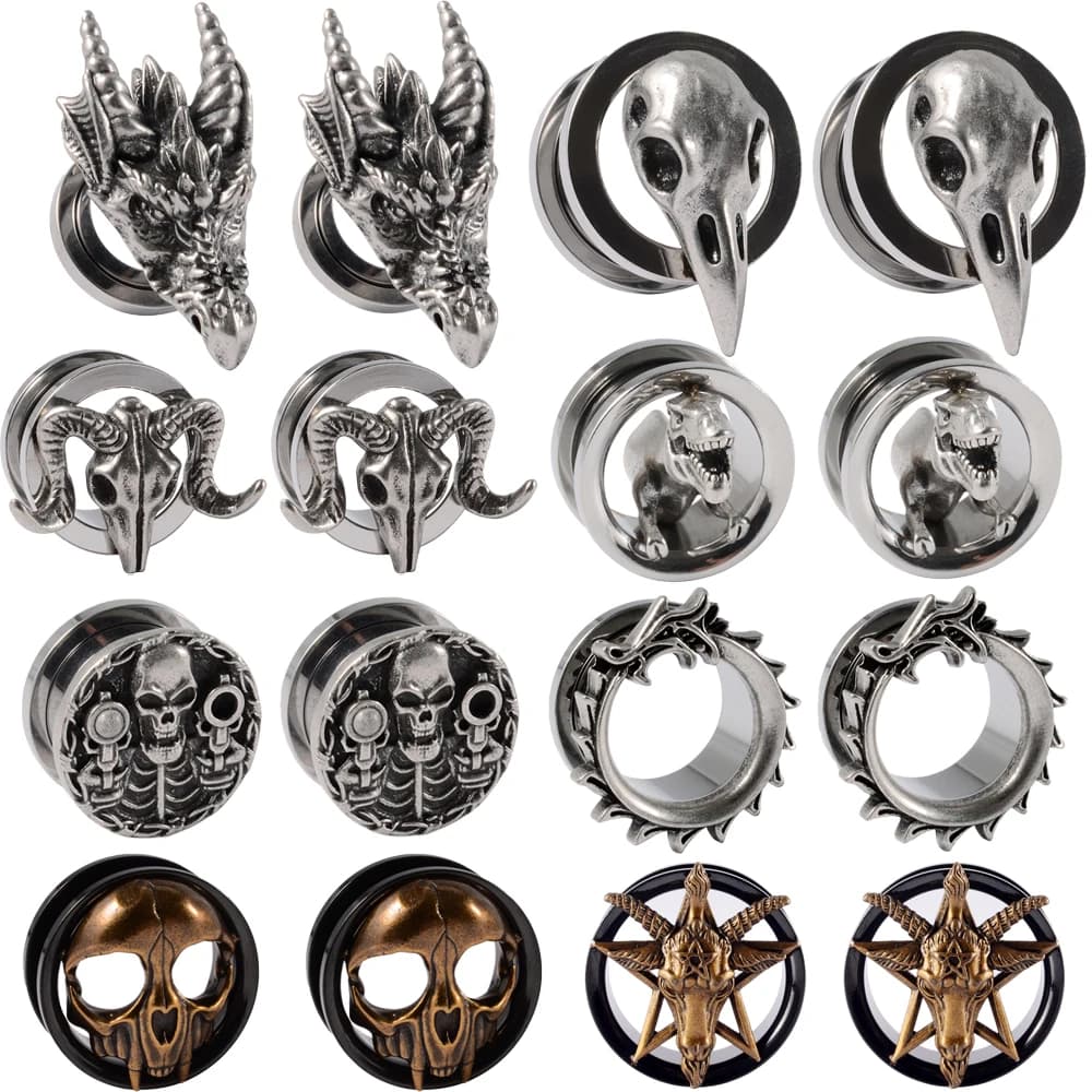 1PC Punk Stainless Steel Skeleton Ear Stretchers Tunnel External Thread Vintage Ear Gauge Plugs Expander Body Piercing Jewelry