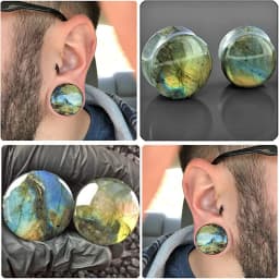 WKOUD 1PC Labradorite Stone Ear Flesh Tunnel Plugs Double Flared Plug Glow Stone Ear Gauges Expander