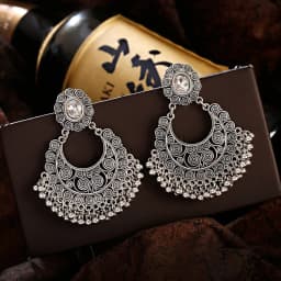 Retro Ethnic Silver Color Turkish Jhumka Earrings For Women Pendientes Pearl Tassel Classic Carved Indian Earrings Jewelry