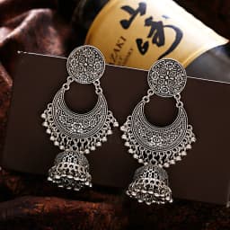 Retro Ethnic Silver Color Turkish Jhumka Earrings For Women Pendientes Pearl Tassel Classic Carved Indian Earrings Jewelry
