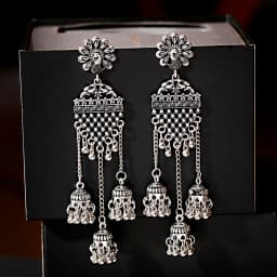 Retro Ethnic Silver Color Turkish Jhumka Earrings For Women Pendientes Pearl Tassel Classic Carved Indian Earrings Jewelry