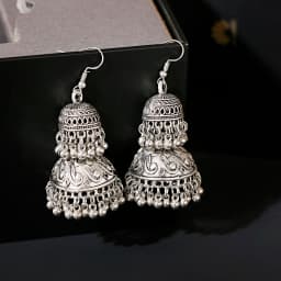 Retro Ethnic Silver Color Turkish Jhumka Earrings For Women Pendientes Pearl Tassel Classic Carved Indian Earrings Jewelry