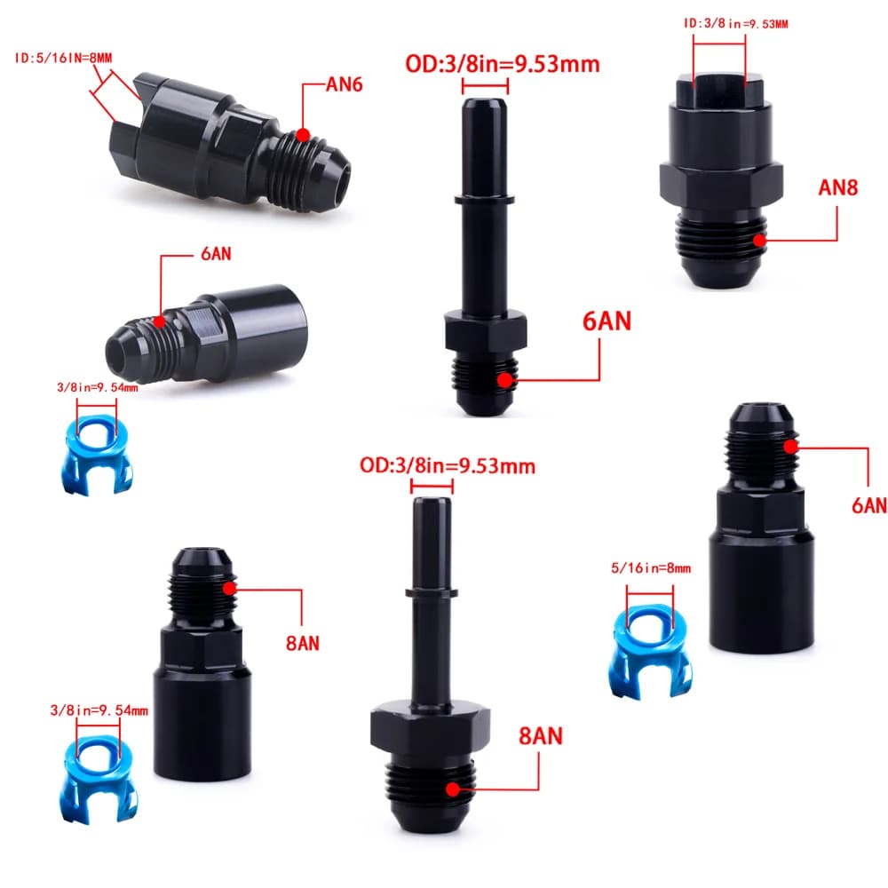 Quick Connect 6AN AN6 Male To 3/8", 5/16" AN8 8AN Quick Disconnect Male Push On EFI Fitting Adapter Aluminum Black
