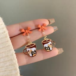 S925 Needle Cute Teacup Kitten Earrings for Women Girls Long Tassel Asymmetrical Enamel Cartoon Cat In The Coffee Cup Earrings