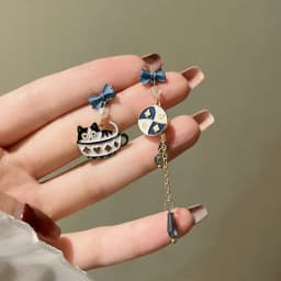 S925 Needle Cute Teacup Kitten Earrings for Women Girls Long Tassel Asymmetrical Enamel Cartoon Cat In The Coffee Cup Earrings