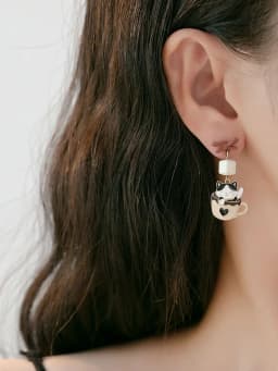 S925 Needle Cute Teacup Kitten Earrings for Women Girls Long Tassel Asymmetrical Enamel Cartoon Cat In The Coffee Cup Earrings