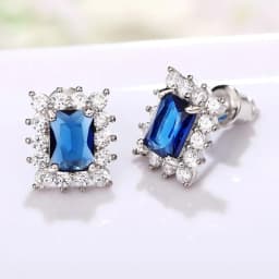 Huitan Exquisite Rectangular Blue CZ Stud Earrings for Women Elegant Bride Wedding Ear Accessories Silver Color Fashion Jewelry