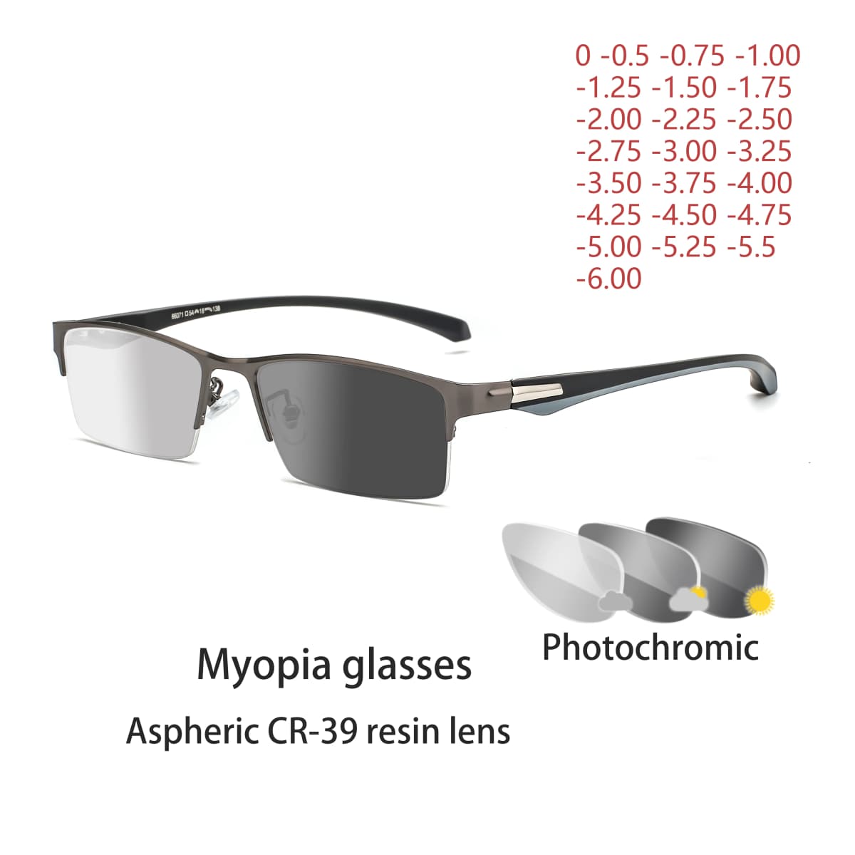 New Sun Photochromic Myopia Eyeglasses Optical Men student Finished Myopia Eyewear prescription Glasses Frame Half Rim -1.0 -4.0