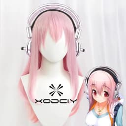 Super Sonico Supersonico 60cm Long Pink Ombre Hair Heat Resistant Cosplay Costume Wig + Toy headset Headphone Prop