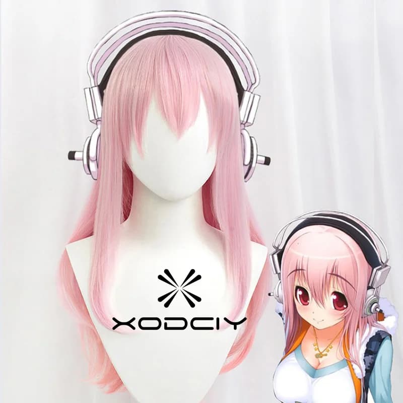 Super Sonico Supersonico 60cm Long Pink Ombre Hair Heat Resistant Cosplay Costume Wig + Toy headset Headphone Prop