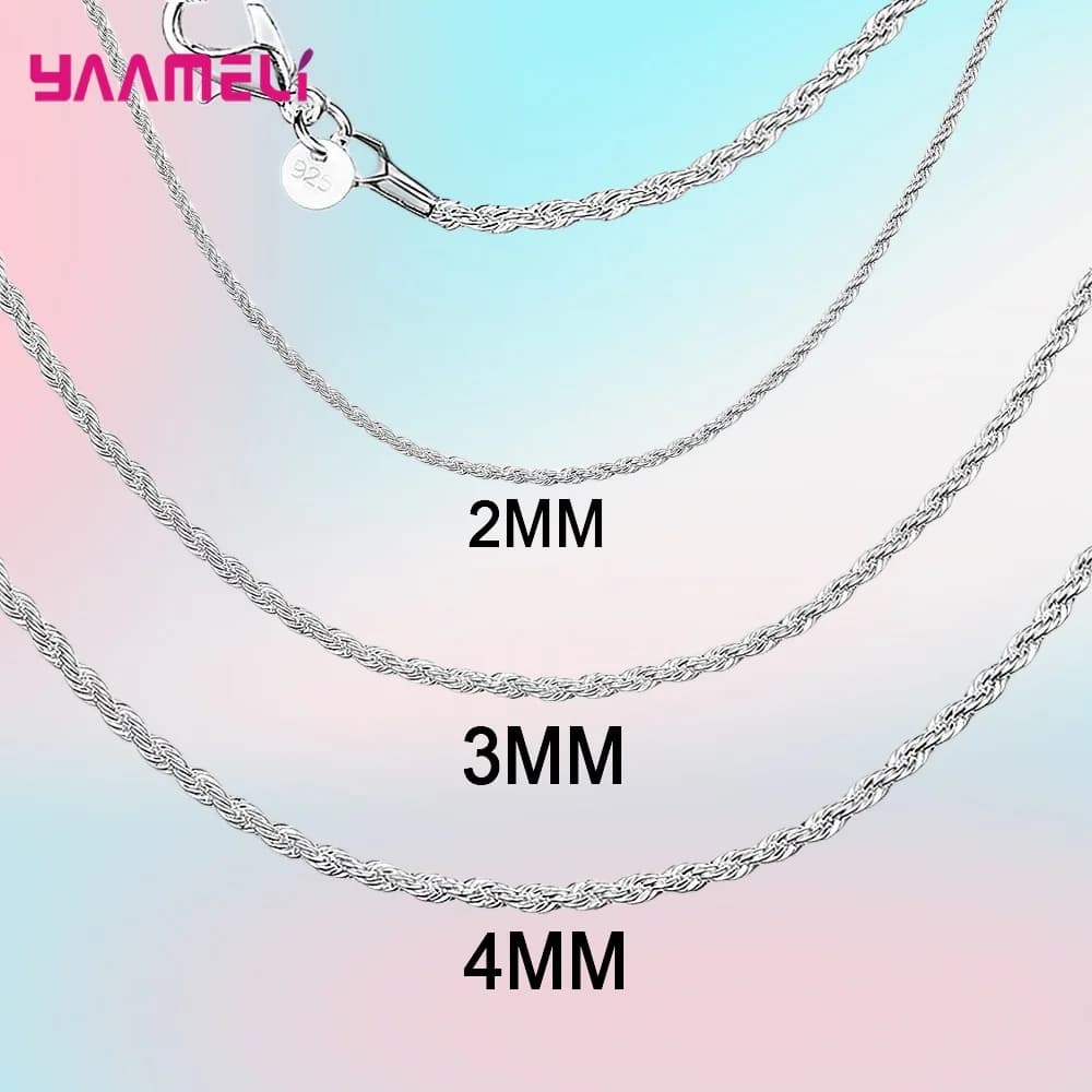 Top Sale Real Pure 925 Sterling Silver Necklace Jewelry Chain for Men Women 2MM 3MM 4MM Width Twisted Rope with Lobster Clasps