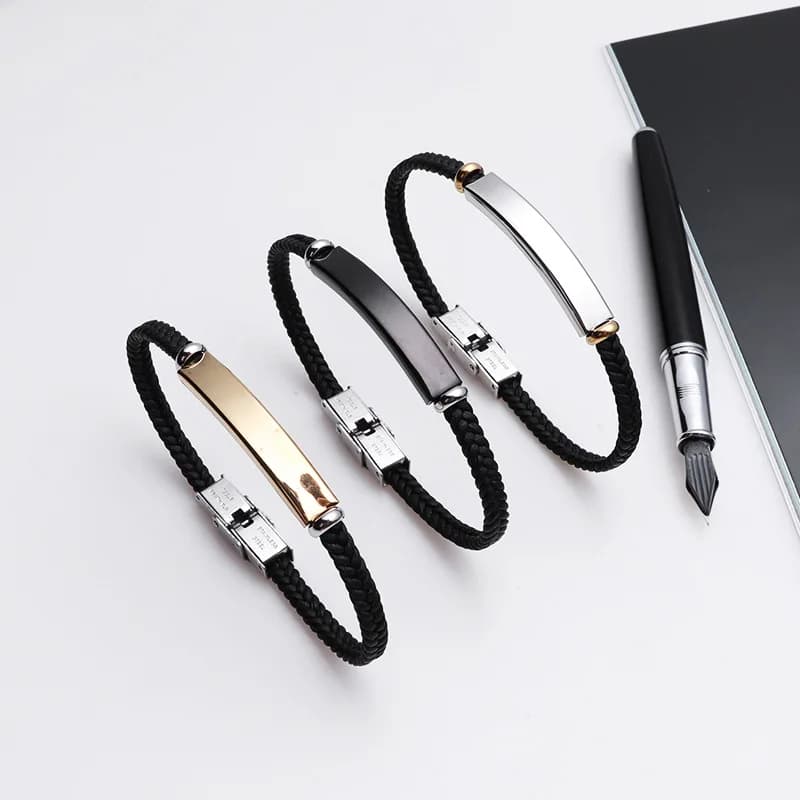 Punk Thin Custom name Leather Men Bracelet Personalized Stainless Steel Bracelets For Women Men ID Bracelet