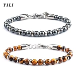 2026 Classic 6mm Tiger Eye Stone Hematite Beaded Bracelet Adjustable Stainless Steel Chain Bracelet for Men Women Jewelry Gifts