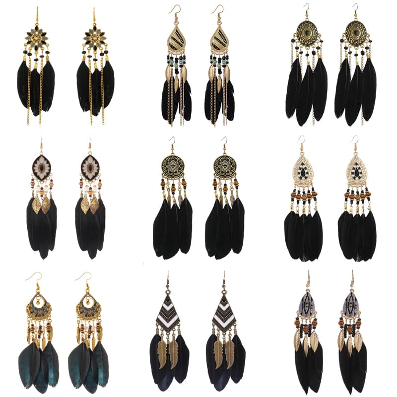 Black Long Bohemian Feather Earrings for Women Ethnic Unique Temperament Geometric Dangle Earrings Female Casual Jewelry