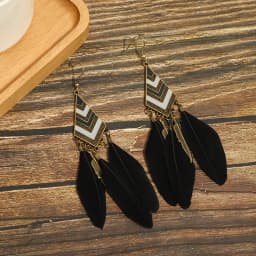 Black Long Bohemian Feather Earrings for Women Ethnic Unique Temperament Geometric Dangle Earrings Female Casual Jewelry