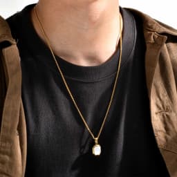 Vnox Mens Necklaces, Geometric Square Natural Stone Shell Pendant, Black Gold Color Stainless Steel Collar