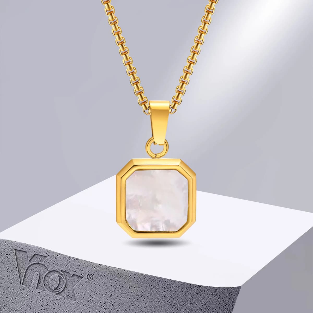 Vnox Mens Necklaces, Geometric Square Natural Stone Shell Pendant, Black Gold Color Stainless Steel Collar