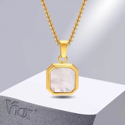 Vnox Mens Necklaces, Geometric Square Natural Stone Shell Pendant, Black Gold Color Stainless Steel Collar