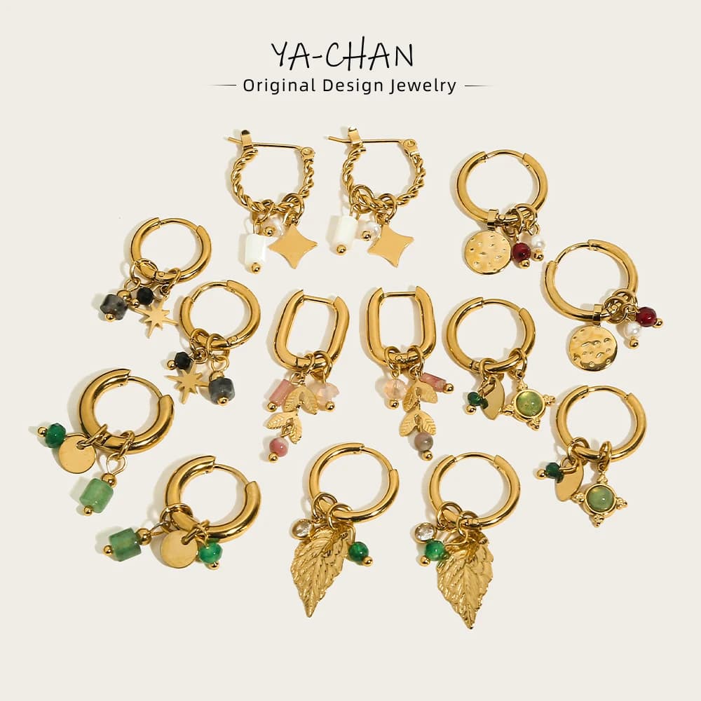 YACHAN Stainless Steel 18K Gold PVD Plated Hoop Earrings for Women 2023 Trendy Natural Stone Charms Drop Earring Jewelry Gift