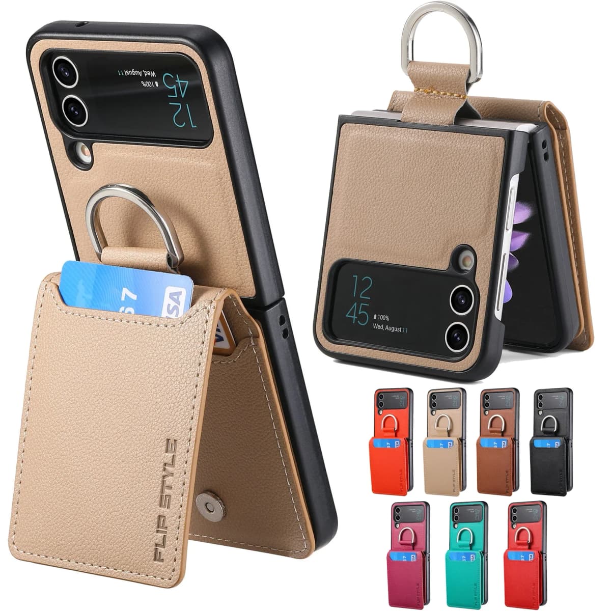 Vertical Cards Solt Magnetic Wallet Ring Holder Leather Case for Samsung Galaxy Z Flip 8 7 FE 6 5 4 Flip4 5G Zflip4 Stand Cover