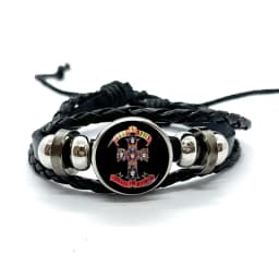 Latest Guns N Roses Rock Band Bracelet Punk Guns and Roses Band Logo Print Glass Gem Handmade Multilayer Braided Bangle Gift