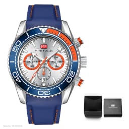MINI FOCUS Chronograph Quartz Watches for Men Fashion Sport Wristwatch with Auto Date 24-hour Indicator Blue Silicone Strap 0426