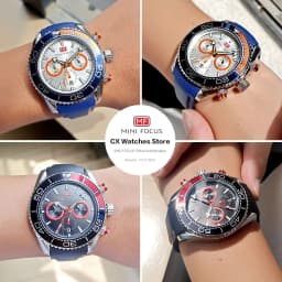 MINI FOCUS Chronograph Quartz Watches for Men Fashion Sport Wristwatch with Auto Date 24-hour Indicator Blue Silicone Strap 0426