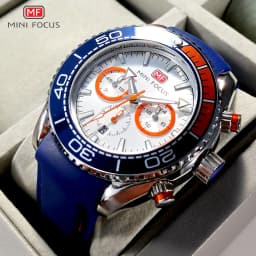 MINI FOCUS Chronograph Quartz Watches for Men Fashion Sport Wristwatch with Auto Date 24-hour Indicator Blue Silicone Strap 0426