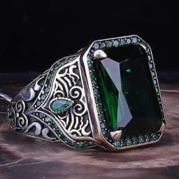 Retro Handmade Carving Punk Rings for Men Trendy Silver Color Metal Square Inlaid Green Zircon Rings Jewelry