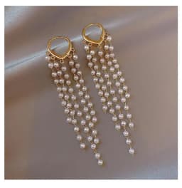 Minar Exquisite Simulated Pearls Strand Long Tassel Earring for Women Gold Color Alloy Hoop Earrings Wholesale Party Jewelry