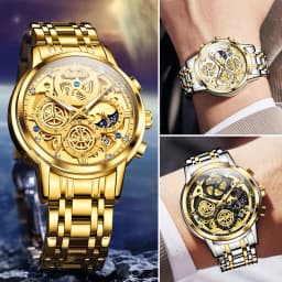 OLEVS 9947 Men's Watches Top Brand Luxury Original Waterproof Quartz Watch for Man Gold Skeleton Style 24 Hour Day Night New