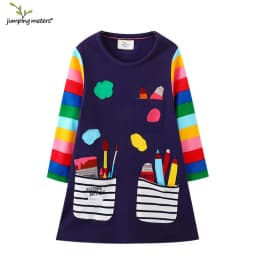 Jumping Meters 2-8T Hot Selling Children's School Dresses With Pockets Pen Embroidery Long Sleeve Autumn Kids Preppy Style Dress