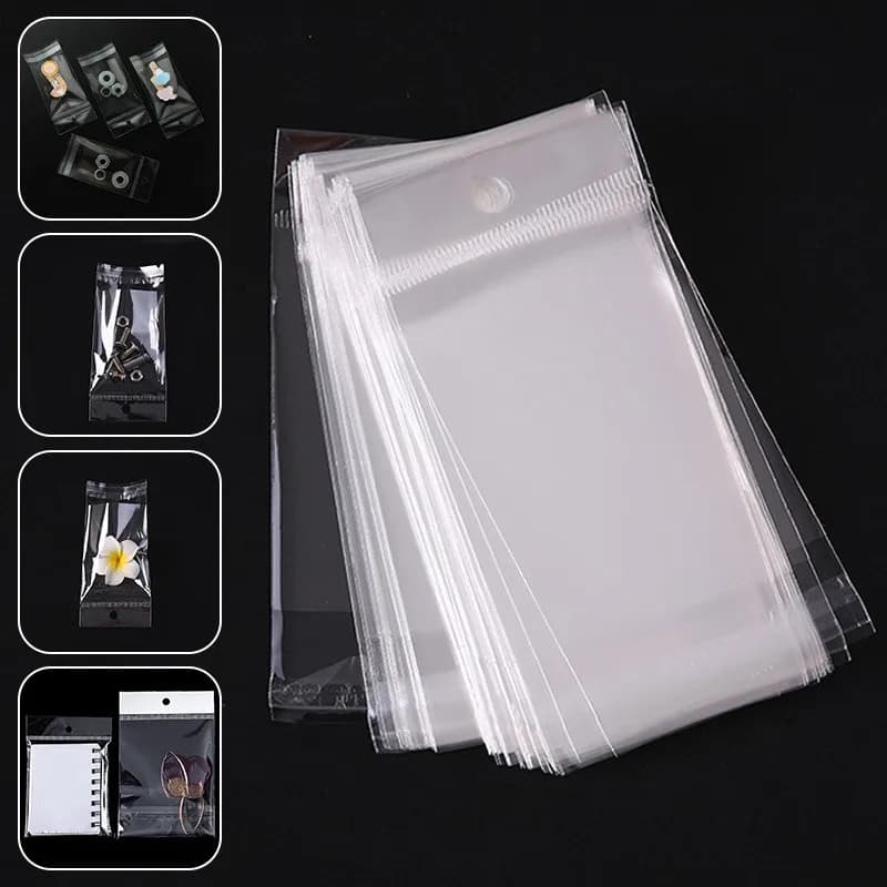 100 transparent plastic hanging self-adhesive bags, OPP self sealing bags, jewelry candy bags, gift biscuit sales bags