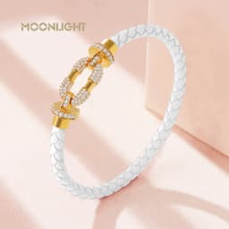 MOONLIGHT Women's Trendy Round Metal Brand Genuine Braided Leather Bracelet Cubic Zirconia Bracelet Female Jewelry Accessories