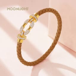 MOONLIGHT Women's Trendy Round Metal Brand Genuine Braided Leather Bracelet Cubic Zirconia Bracelet Female Jewelry Accessories