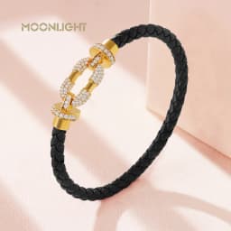 MOONLIGHT Women's Trendy Round Metal Brand Genuine Braided Leather Bracelet Cubic Zirconia Bracelet Female Jewelry Accessories