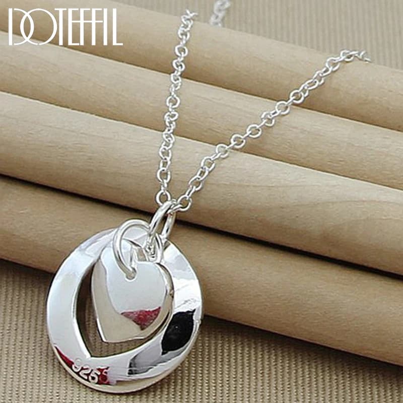 DOTEFFIL 925 Sterling Silver Heart Round Pendant Necklace 18-30 Inch Chain For Woman Man Wedding Engagement Party Charm Jewelry