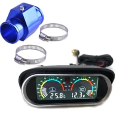 Auto LCD Water Temperature & Voltmeter Gauge 2 in 1 With Joint Pipe Adapter 1/8NPT OD 26MM-40MM