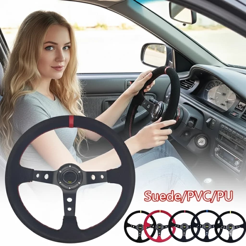 Universal 350mm 14 Inch Suede/PVC Auto Racing Steering Wheels Deep Corn Drifting Sport Steering Wheel