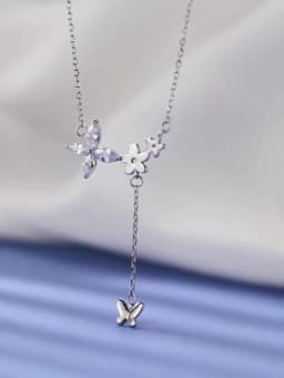 925 Sterling Silver Flower Necklace Female Simple Temperament Shiny Zircon Butterfly Tassel Clavicle Chain Wedding Jewelry Gift