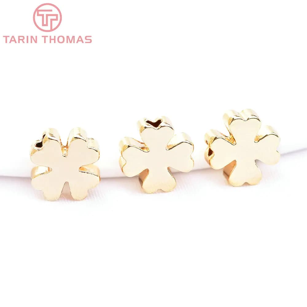 (6729) 20PCS 7.5MM 24K Gold Color Plated Brass Four-leaf Clover Beads Bracelet Beads High Quality Diy Jewelry Accessories