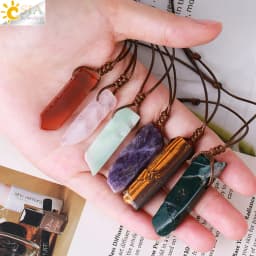 CSJA Healing Crystals Necklaces Irregular Natural Stone Slice Pendant Necklace Pink Quartz Labradorite Tiger Eye Jewelry H090