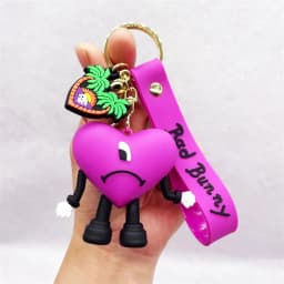 Fashion 3D Cute Bad Bunny Heart Keychain Keyring For Women Men Rubber Car Keychain Keyfob Trinket Bag Pendant Accessories