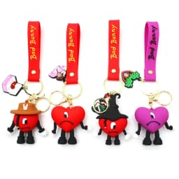 Fashion 3D Cute Bad Bunny Heart Keychain Keyring For Women Men Rubber Car Keychain Keyfob Trinket Bag Pendant Accessories