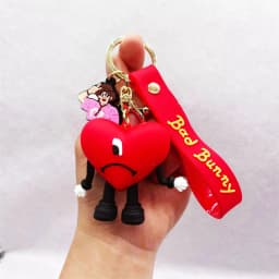 Fashion 3D Cute Bad Bunny Heart Keychain Keyring For Women Men Rubber Car Keychain Keyfob Trinket Bag Pendant Accessories