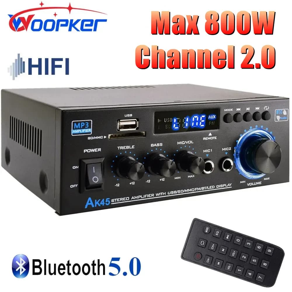 Woopker HiFi Digital Amplifier AK45 Bluetooth MP3 Channel 2.0 Sound AMP Support 90V-240V for Home Car MAX 400W*2