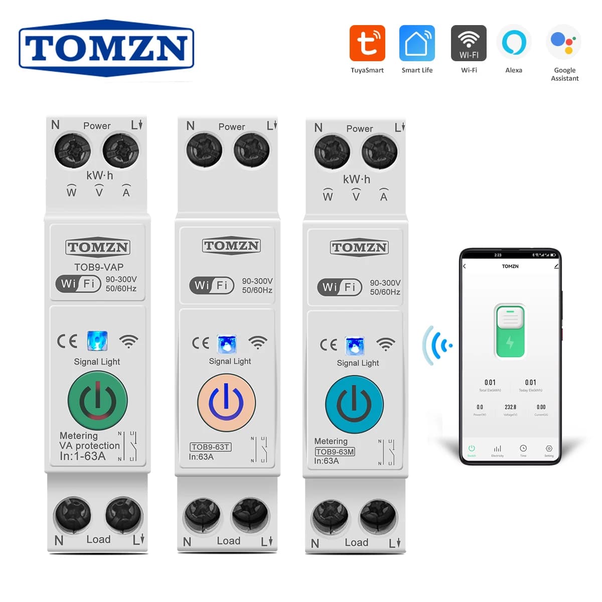 TOMZN TOB9-63M 63A 1P+N WIFI Smart Switch Energy Meter Kwh Metering Monitoring Circuit Breaker Timer Relay MCB TUYA Smartlife