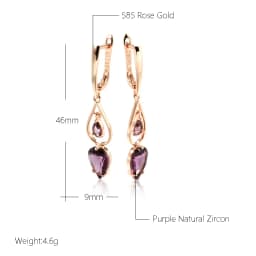 Kinel Hot Purple Natural Zircon Long Drop Earrings for Women Fashion 585 Rose Gold Water Drop Accessories Wedding Daily Jewelry