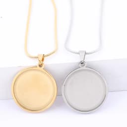 2pcs 45cm Long Chain Necklace Bezel Blanks Stainless Steel Gold Plated 20mm 25mm Cabochon Pendant Base Setting Trays Diy